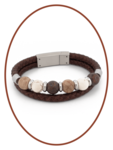 Stainless Steel / Leather Ash Bracelet, 'Petrified Wood/Magnesite/Bronzite' Beads - ASB049