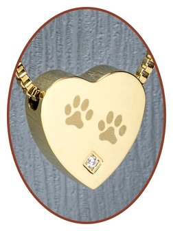 Stainless Steel &#039;Paw Prints&#039; Pet Heart Cremation Pendant Gold Plated - G304CZ-1
