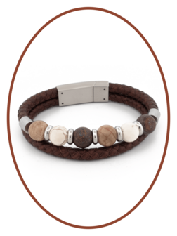 Stainless Steel / Leather Ash Bracelet, &#039;Petrified Wood/Magnesite/Bronzite&#039; Beads - ASB049