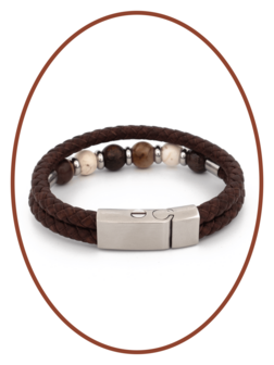 Stainless Steel / Leather Ash Bracelet, &#039;Petrified Wood/Magnesite/Bronzite&#039; Beads - ASB049