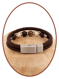 Stainless Steel / Leather Ash Bracelet, &#039;Petrified Wood/Magnesite/Bronzite&#039; Beads - ASB049