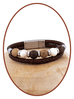 Stainless Steel / Leather Ash Bracelet, 'Petrified Wood/Magnesite/Bronzite' Beads - ASB049