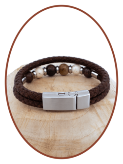 Stainless Steel / Leather Ash Bracelet, 'Petrified Wood/Magnesite/Bronzite' Beads - ASB049