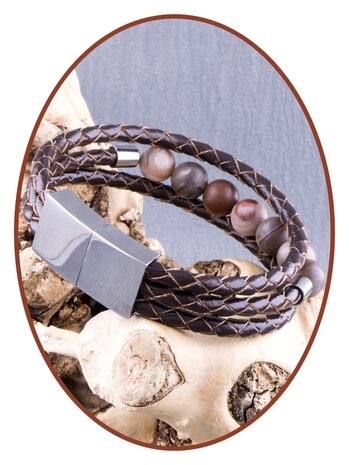 JB Memorials Stainless Steel Stainless Steel / Leather Ash Bracelet, 'Petrified Wood' Beads and Filling Screw - ZAS014PW