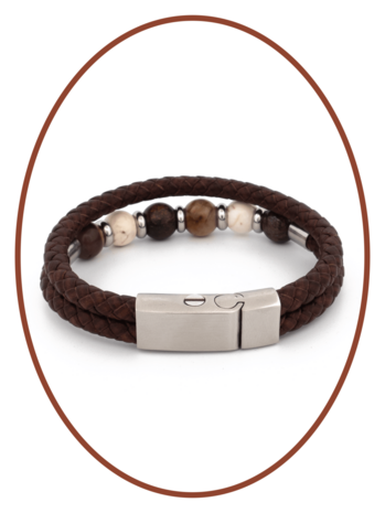 Stainless Steel / Leather Ash Bracelet, 'Petrified Wood/Magnesite/Bronzite' Beads - ASB049