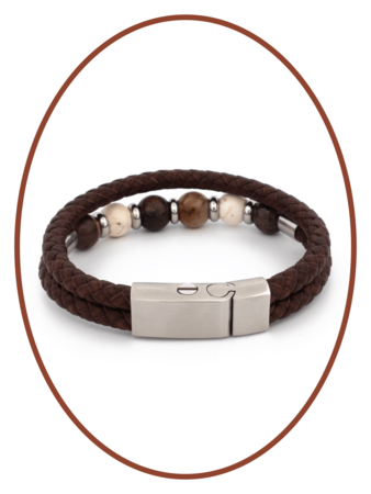 Stainless Steel / Leather Ash Bracelet, 'Petrified Wood/Magnesite/Bronzite' Beads - ASB049